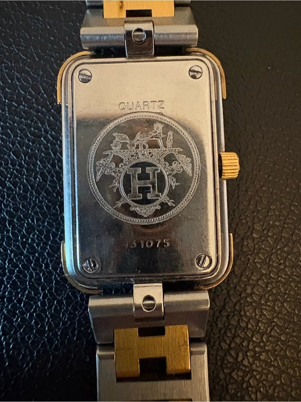 Hermès Two-Tone Gold and Silver Rectangular Link Watch. COA 6-1/4 - 6-1/2” - Picture 4 of 7